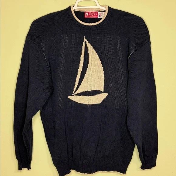 Vintage Binghamton Knitting Co. Nautical Navy Sweater Sailboat men’s 2X made USA